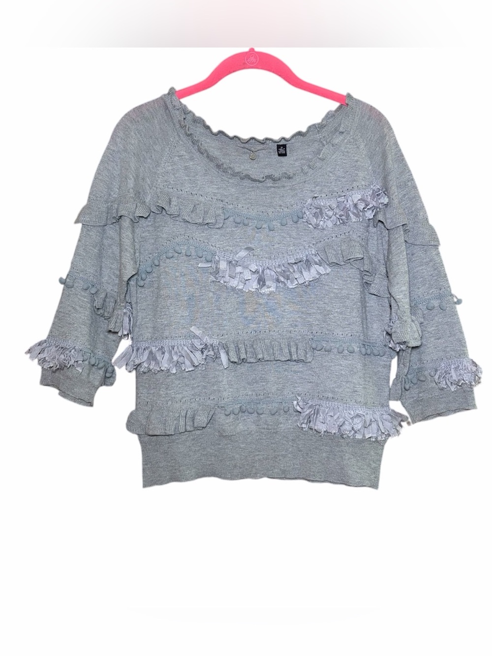 Anthro Boho Fairycore Ruffle Fringe Sweater Gray Whimsical Romantic Knit M